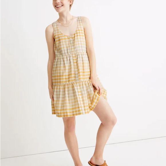 EUC Madewell Yellow Checkered Gigham Button-Front Tiered Mini Dress Size Medium - Picture 1 of 13